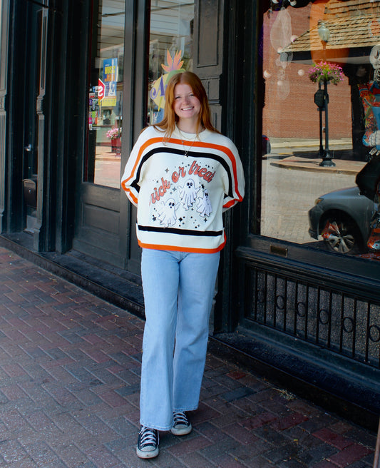 White, Black, & Orange Stripe 'Trick or Treat' Long Sleeve Sweater