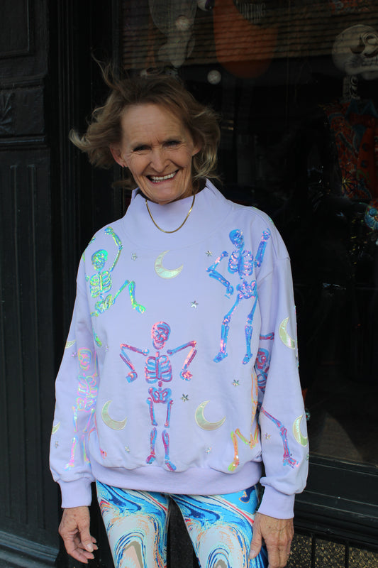 Lavender & Multi Dancing Skeleton Mock Neck Sweatshirt