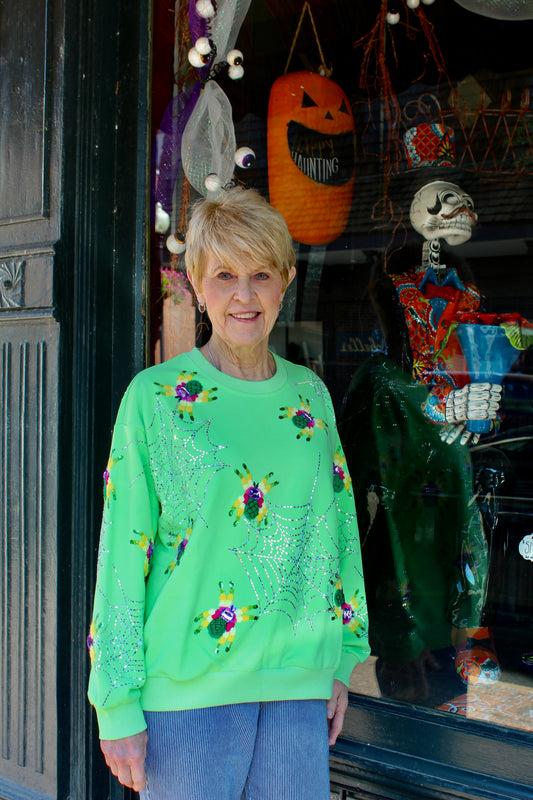 Neon Green Fuzzy Spider & Web Sweatshirt