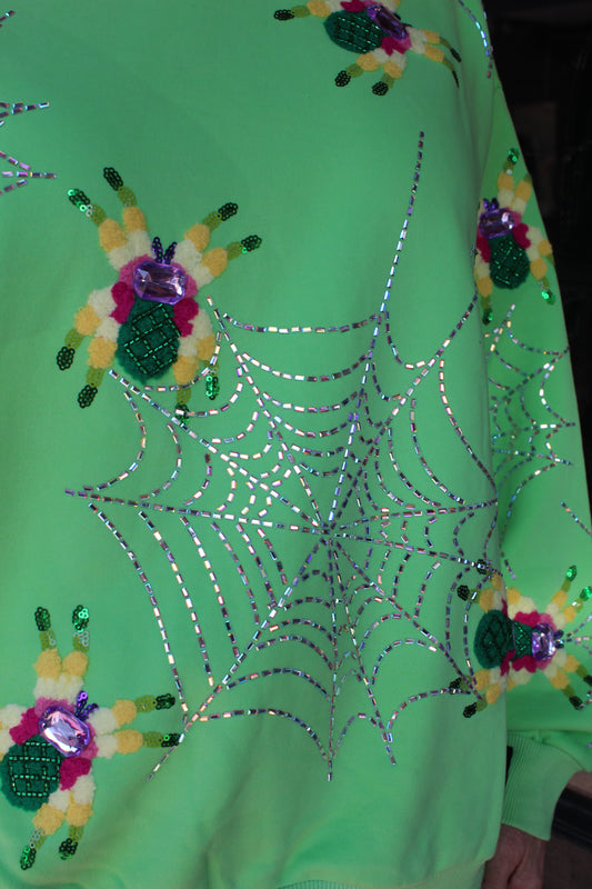 Neon Green Fuzzy Spider & Web Sweatshirt