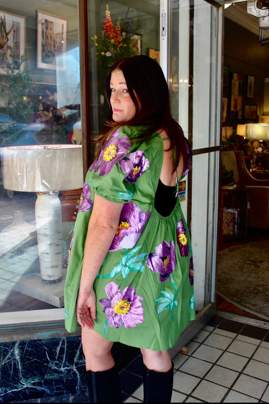 Queen of Sparkles Green & Purple Poof Sleeve Flower Cotton Dress