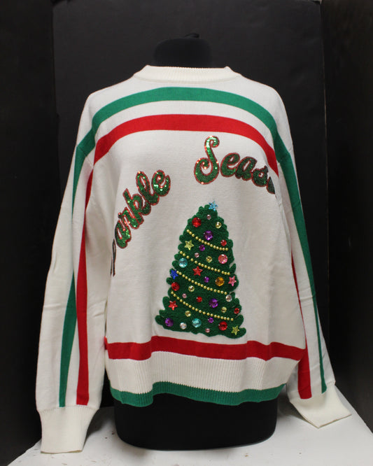 White, Red, & Green Stripe 'Sparkle Season' Long Sleeve Sweater