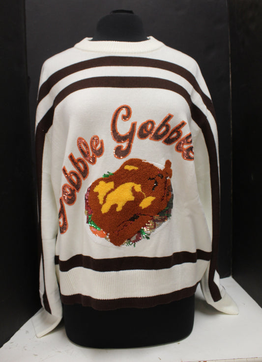 White & Brown Stripe "Gobble' Long Sleeve Sweater
