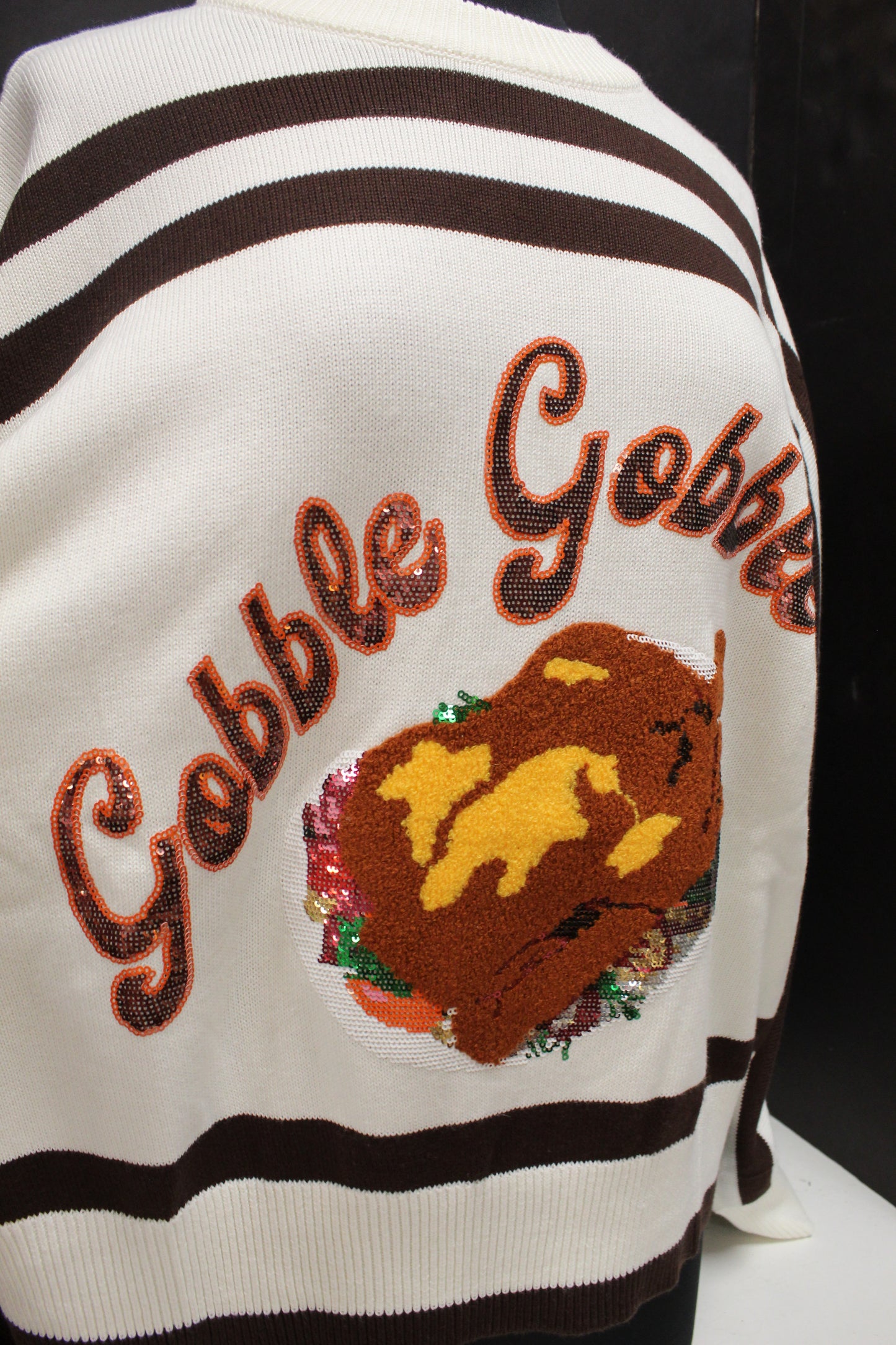 White & Brown Stripe "Gobble' Long Sleeve Sweater