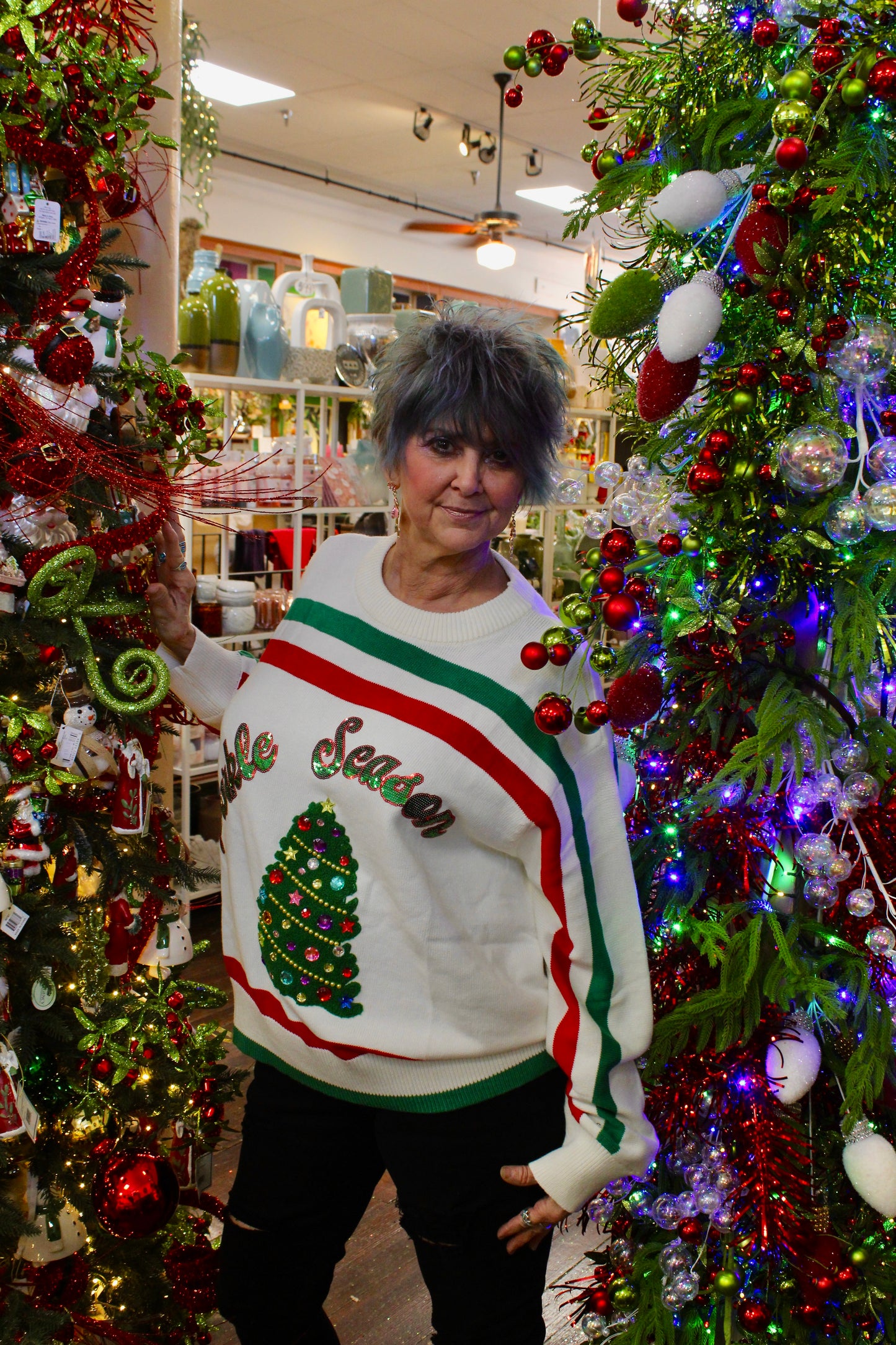 White, Red, & Green Stripe 'Sparkle Season' Long Sleeve Sweater