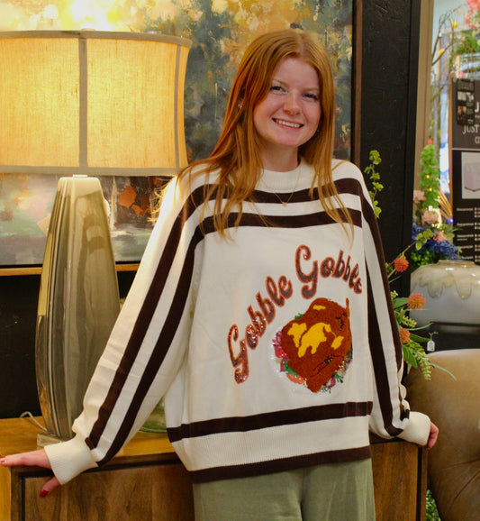 White & Brown Stripe "Gobble' Long Sleeve Sweater
