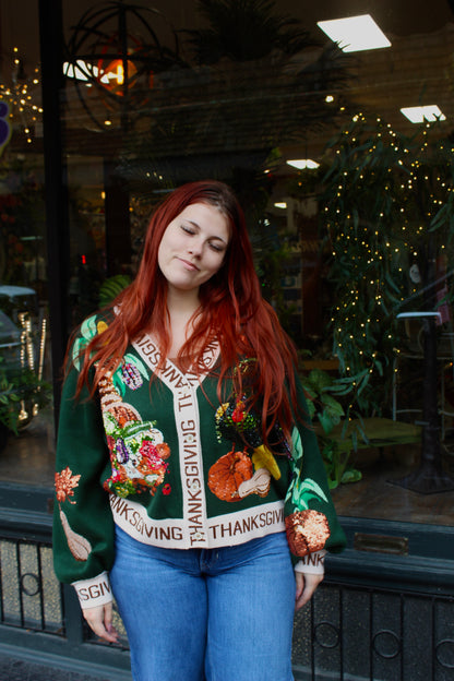 Queen of Sparkles Dark Green 'Thanksgiving' Button Cardigan