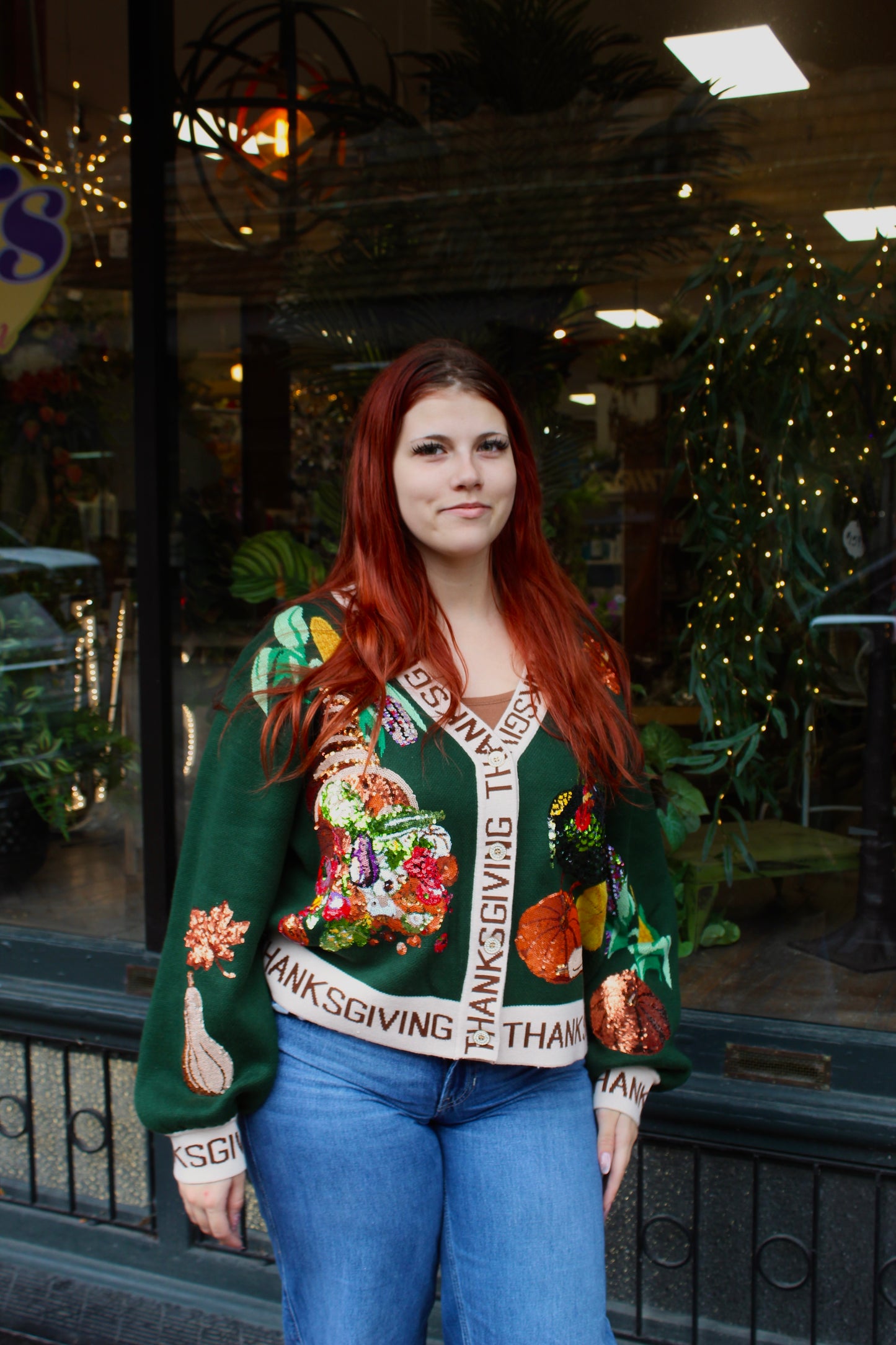 Queen of Sparkles Dark Green 'Thanksgiving' Button Cardigan
