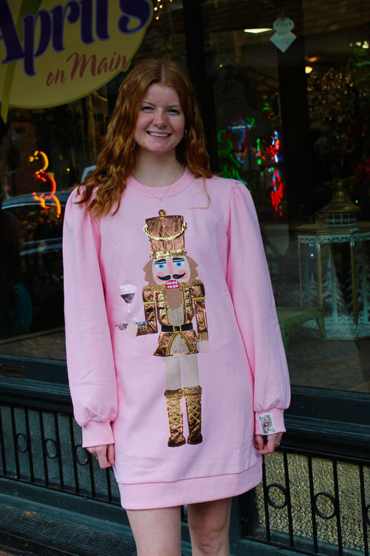 Queen of Sparkles Light Pink & Brown Nutcracker Serving Cocktail Sweatshirt Dress