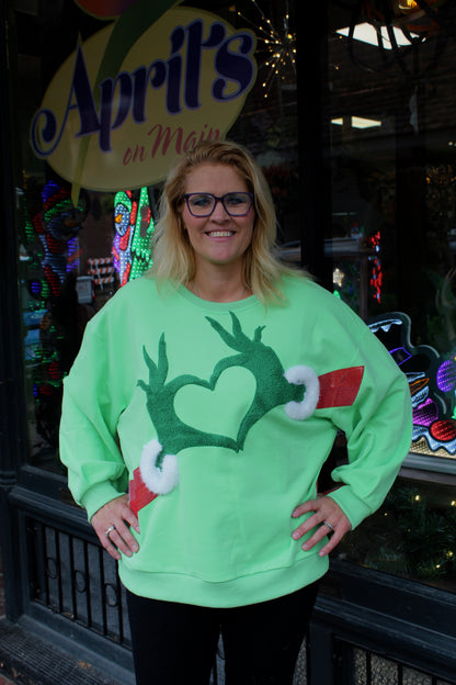 Queen of Sparkles Green Grinch Heart Hands Sweatshirt