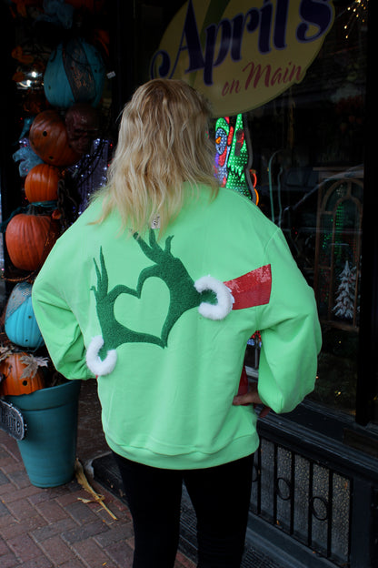 Queen of Sparkles Green Grinch Heart Hands Sweatshirt