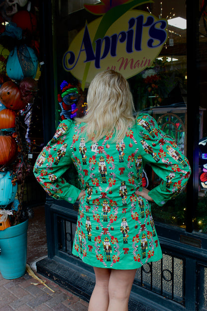 Queen of Sparkles Green Nutcracker and Candy Cane Poof Sleeve Dress