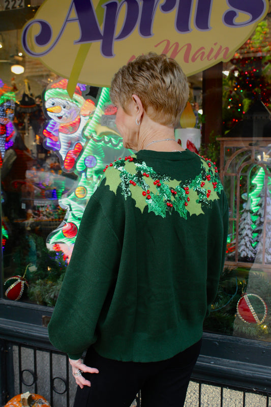 Queen of Sparkles Dark Green & Red Wreath Around Neck Sweater