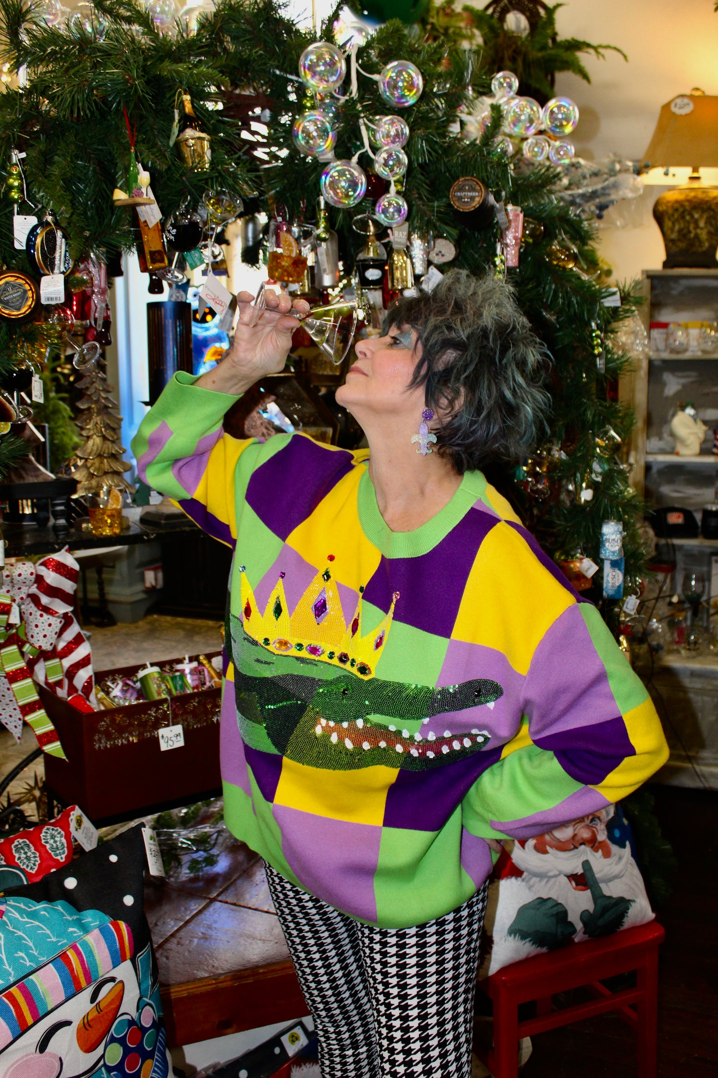 Queen of Sparkles Mardi Gras Checkered Alligator Queen Sweater