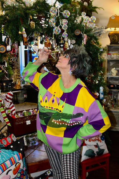 Queen of Sparkles Mardi Gras Checkered Alligator Queen Sweater