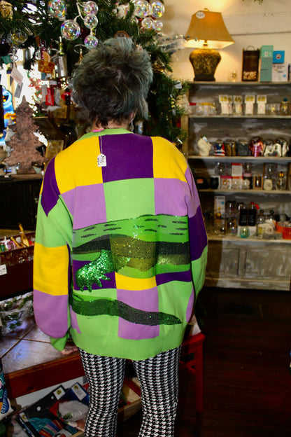 Queen of Sparkles Mardi Gras Checkered Alligator Queen Sweater