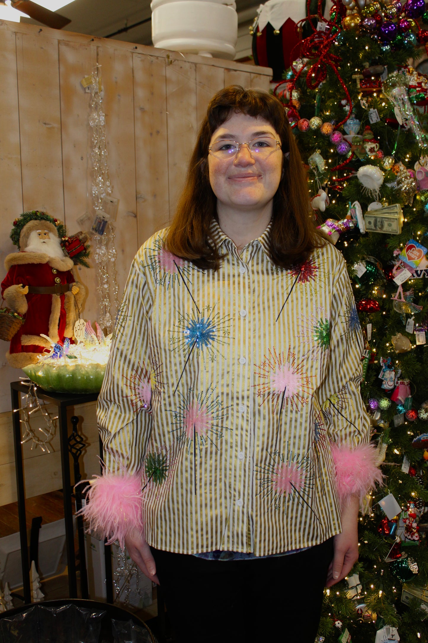 Queen of Sparkles Gold Stripe Multi Sparkler Button Up Top With Pink Feather Sleeves