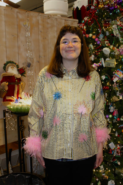Queen of Sparkles Gold Stripe Multi Sparkler Button Up Top With Pink Feather Sleeves