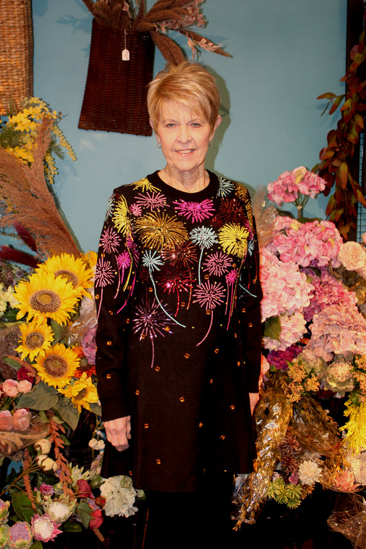 Queen of Sparkles Black Multi Rainbow Firework Jeweled Sweater Dress