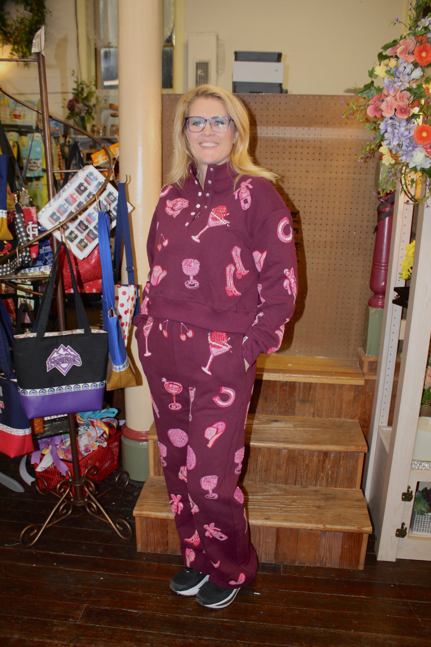 Queen of Sparkles Dark Plum & Pink Disco Cowgirl Icon Henley Sweatshirt