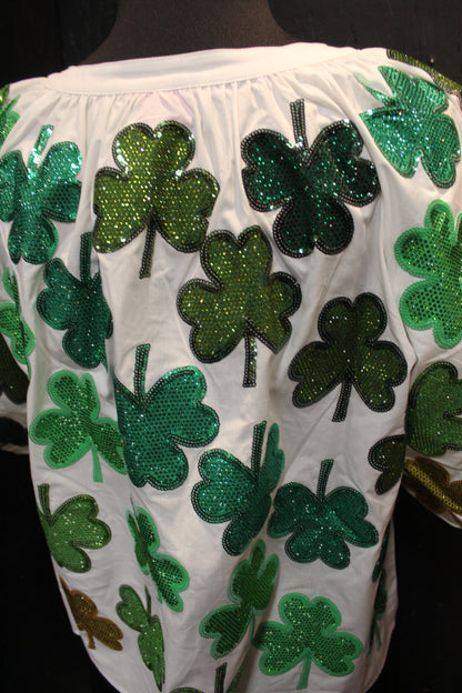 Queen of Sparkles White & Green Rhinestone Shamrock Cotton Button Up Top