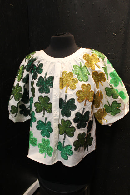 Queen of Sparkles White & Green Rhinestone Shamrock Cotton Button Up Top