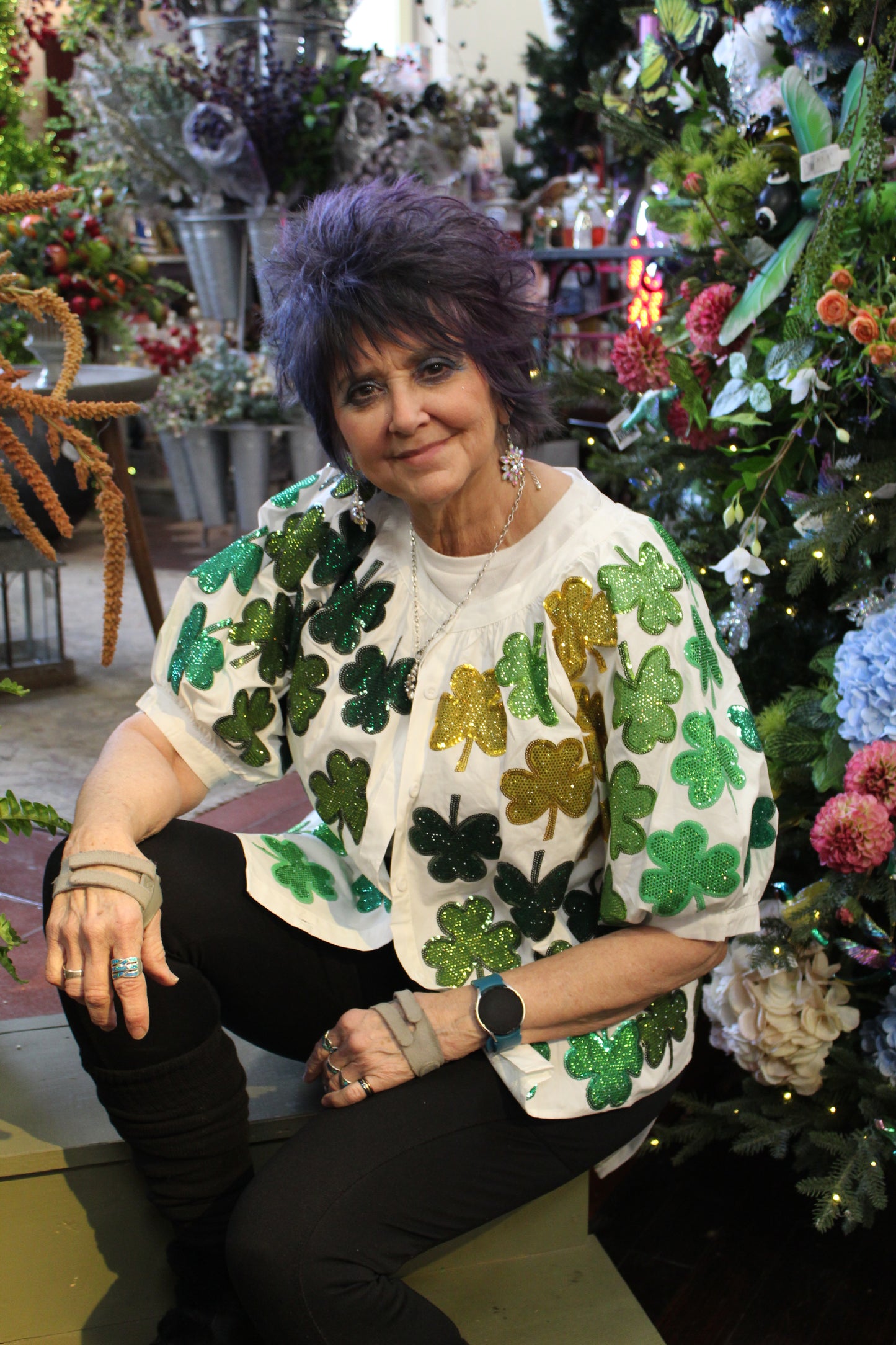 Queen of Sparkles White & Green Rhinestone Shamrock Cotton Button Up Top