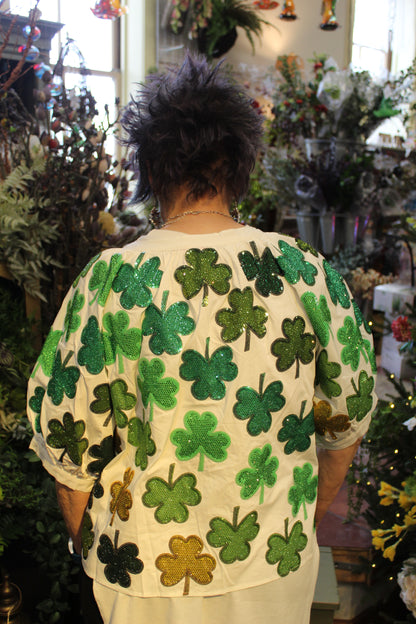 Queen of Sparkles White & Green Rhinestone Shamrock Cotton Button Up Top