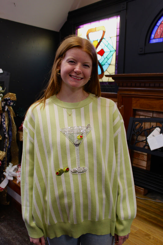 Queen of Sparkles Olive Green & White Stripe Martini Sweater
