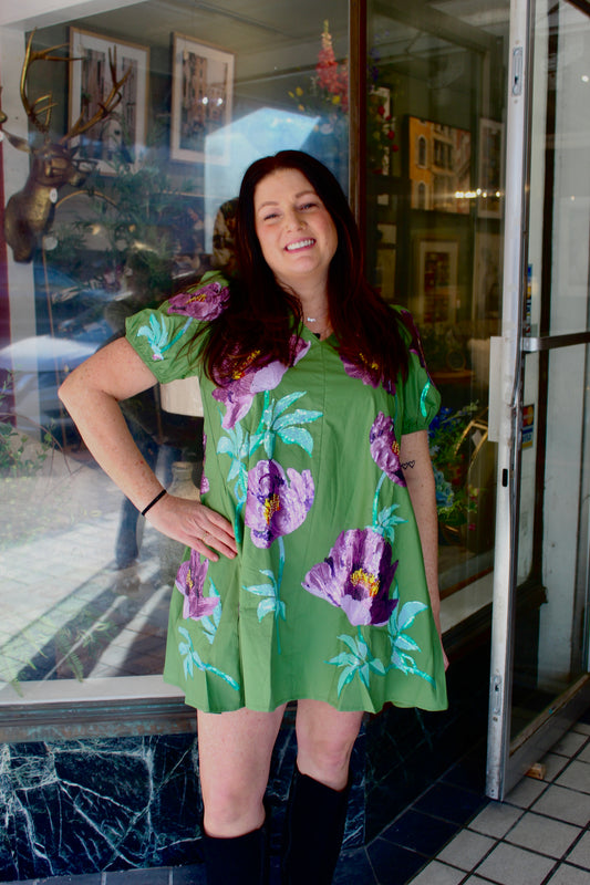 Queen of Sparkles Green & Purple Poof Sleeve Flower Cotton Dress