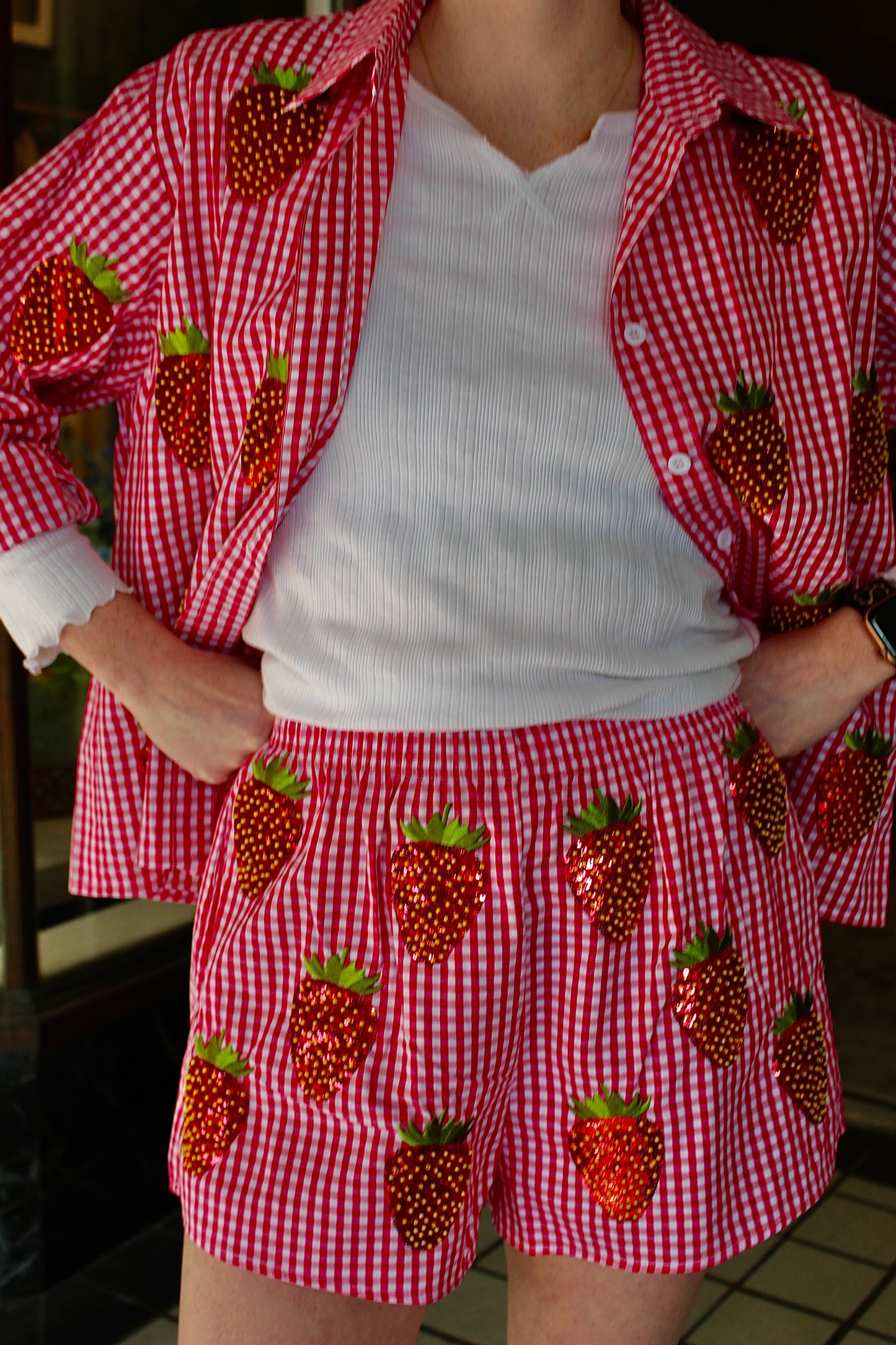 Queen of Sparkles Red & White Gingham Beaded Strawberry Short