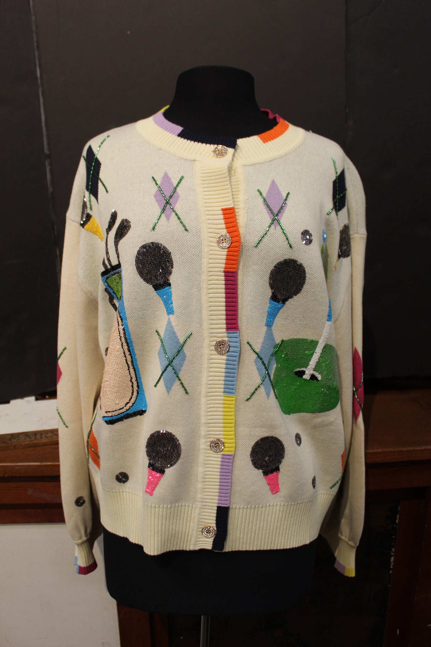 Queen of Sparkles Multi Argyle Golf Icon Rainbow Trim Button Up Cardigan