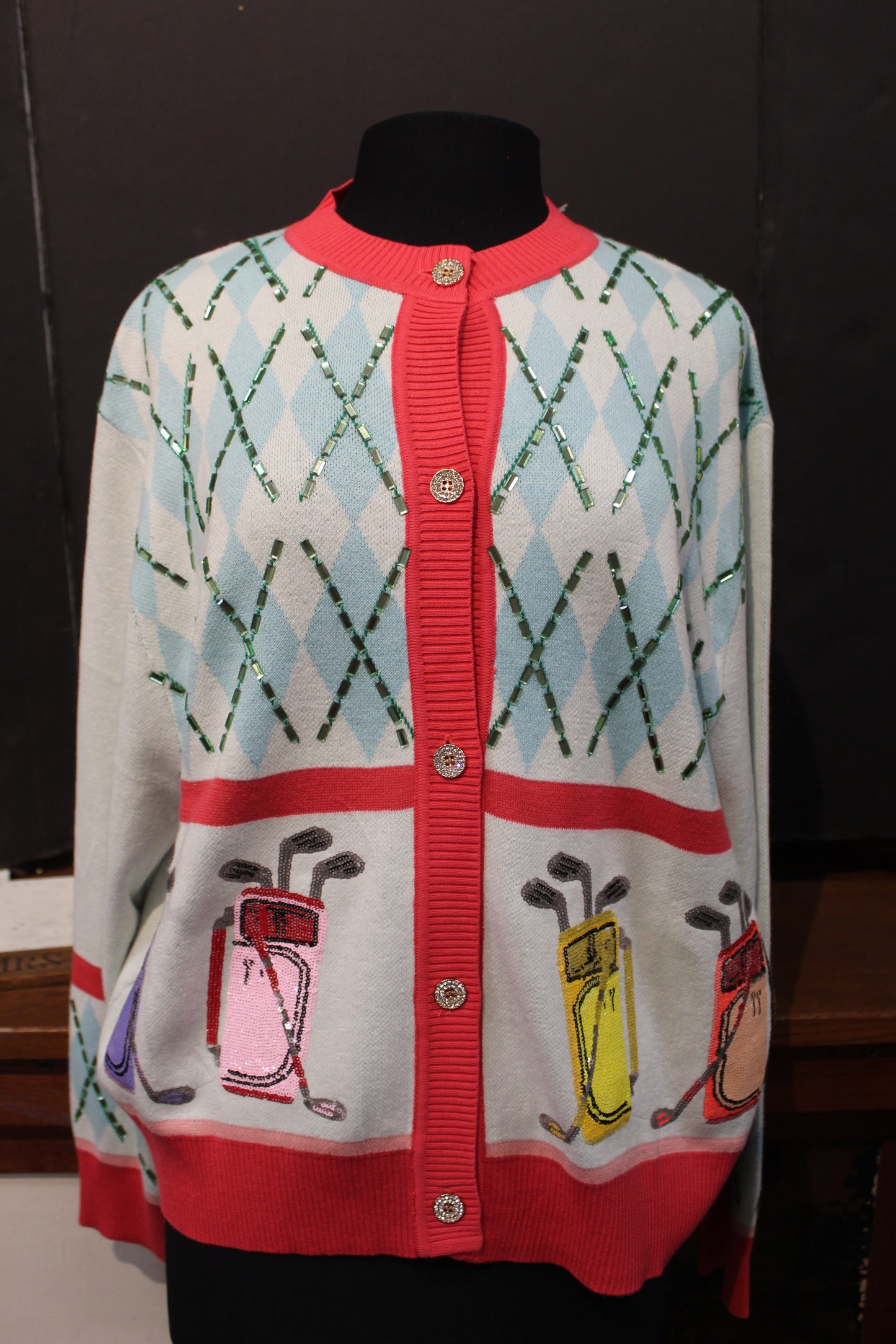 Queen of Sparkles White Multi Argyle Golf Bag Button Up Cardigan
