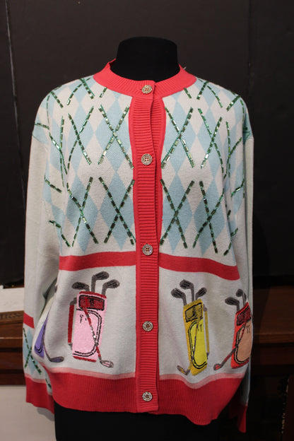 Queen of Sparkles White Multi Argyle Golf Bag Button Up Cardigan