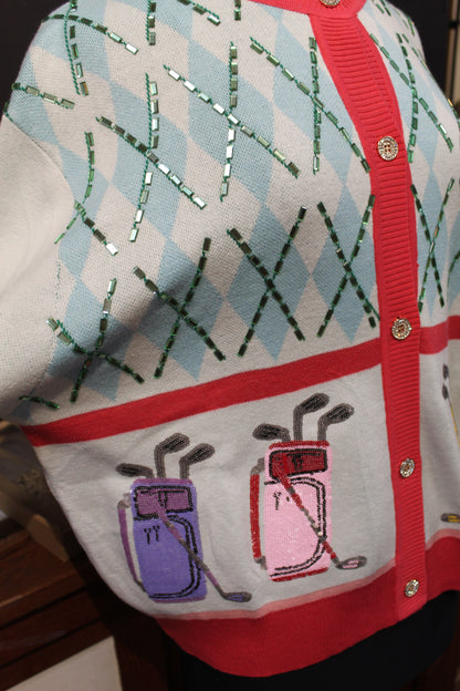 Queen of Sparkles White Multi Argyle Golf Bag Button Up Cardigan