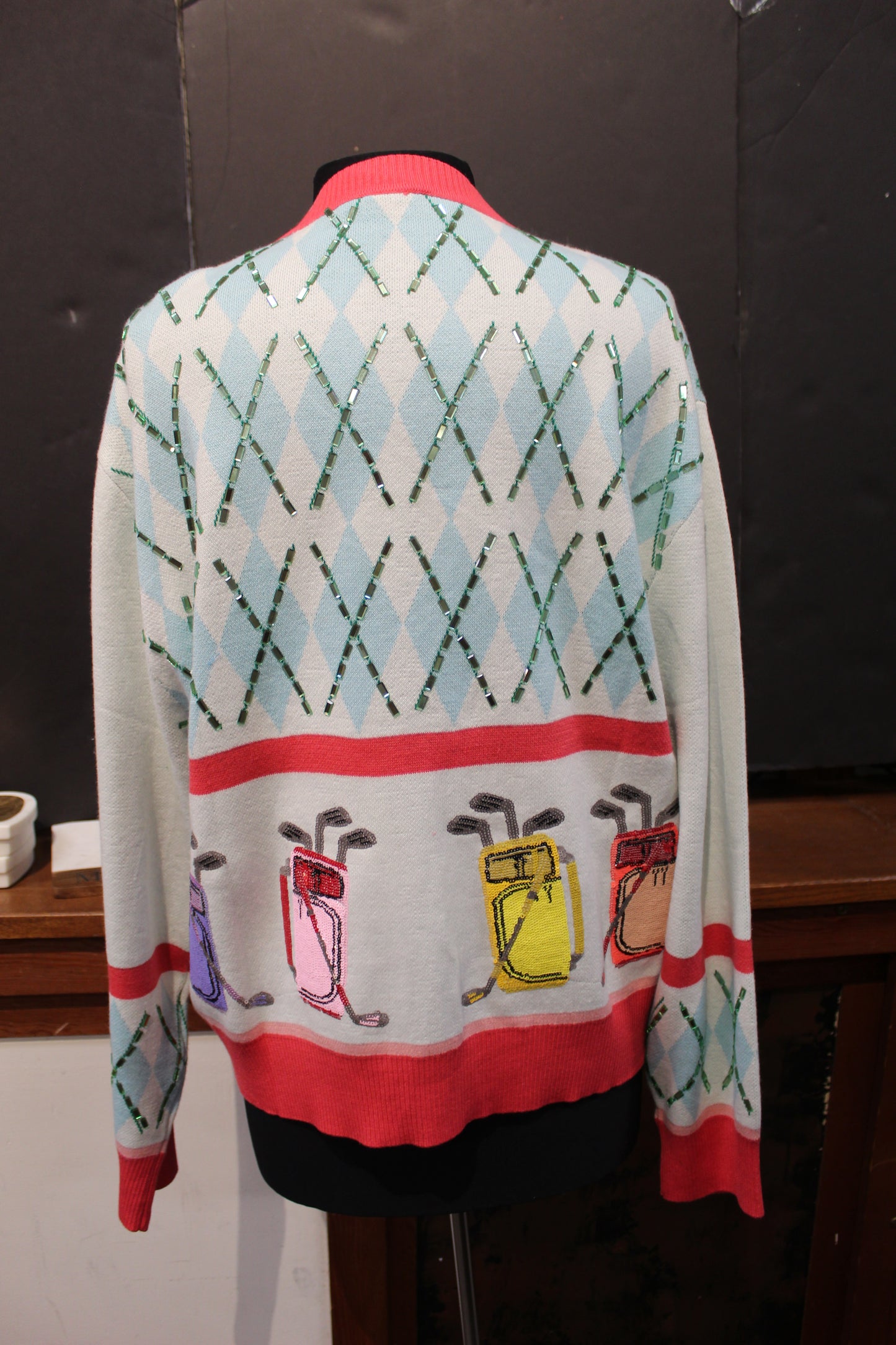 Queen of Sparkles White Multi Argyle Golf Bag Button Up Cardigan