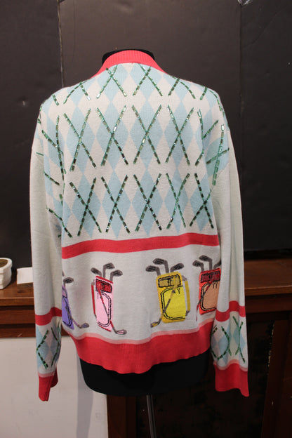 Queen of Sparkles White Multi Argyle Golf Bag Button Up Cardigan