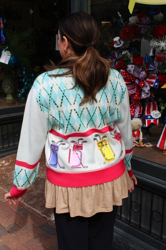 Queen of Sparkles White Multi Argyle Golf Bag Button Up Cardigan