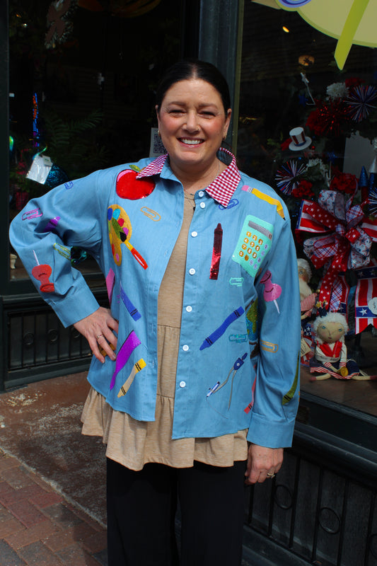 Queen of Sparkles Denim & Red Gingham Collar Teacher Icon Button Up Top