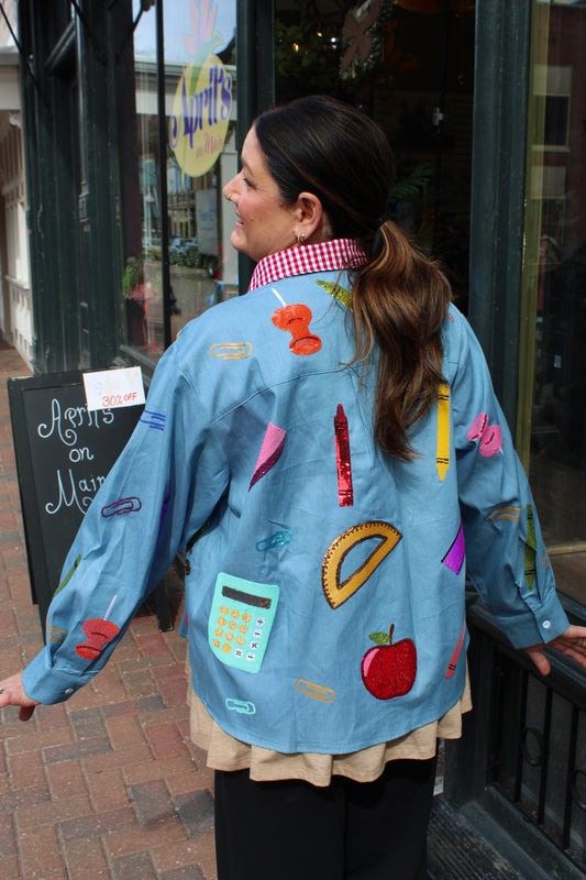 Queen of Sparkles Denim & Red Gingham Collar Teacher Icon Button Up Top