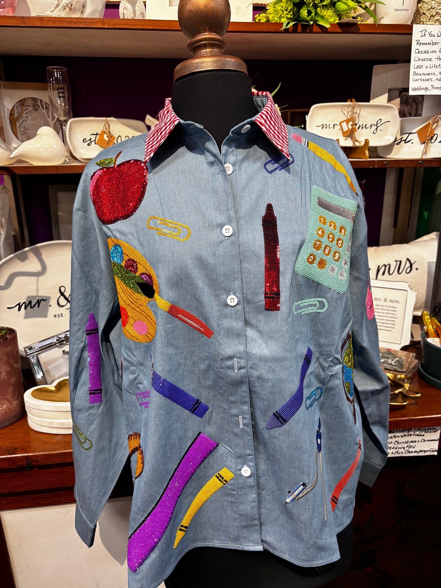 Queen of Sparkles Denim & Red Gingham Collar Teacher Icon Button Up Top