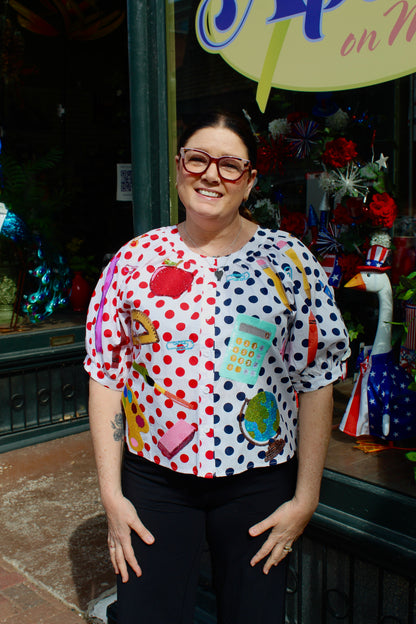 Queen of Sparkles Colorblock Polka Dot Teacher Icon Button Up