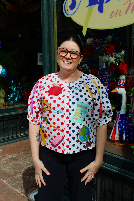 Queen of Sparkles Colorblock Polka Dot Teacher Icon Button Up