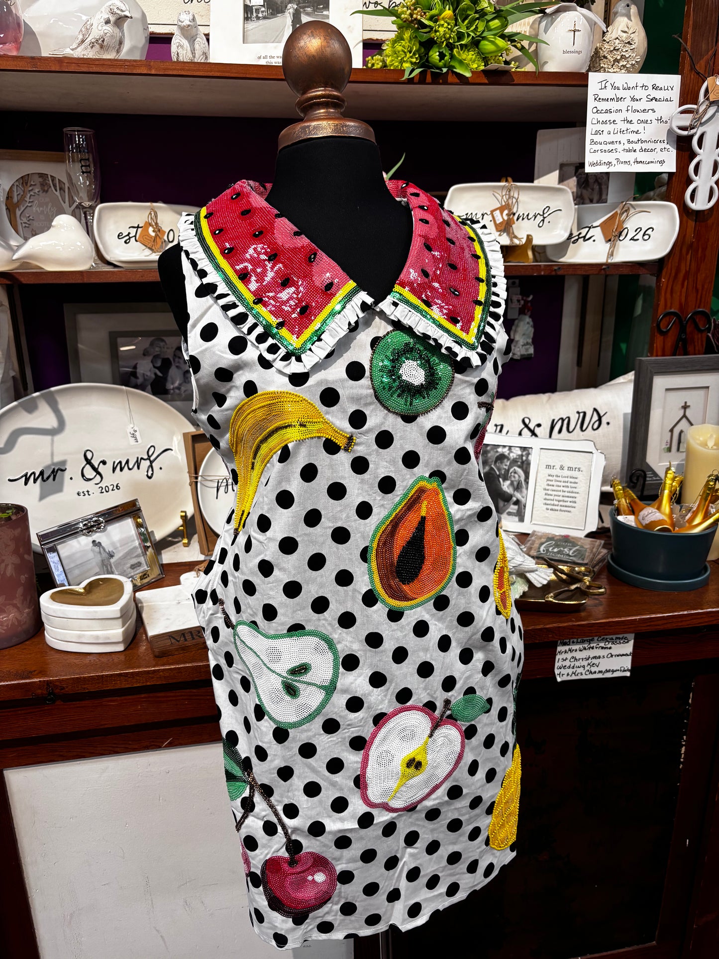 Queen of Sparkles White & Black Polka Dot Multi Fruit Collar Tank Dress