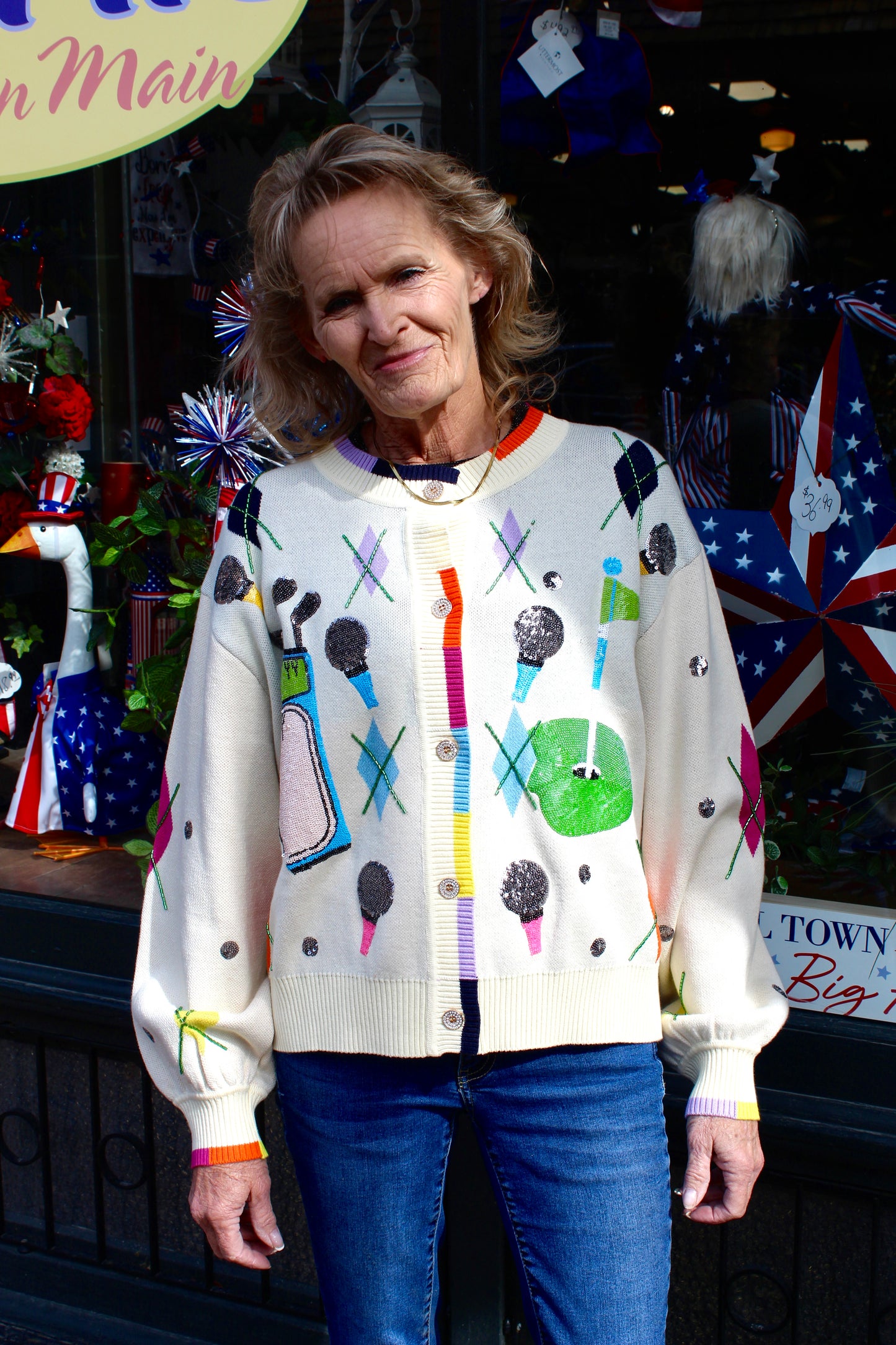 Queen of Sparkles Multi Argyle Golf Icon Rainbow Trim Button Up Cardigan