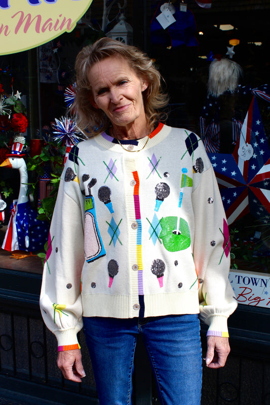 Queen of Sparkles Multi Argyle Golf Icon Rainbow Trim Button Up Cardigan