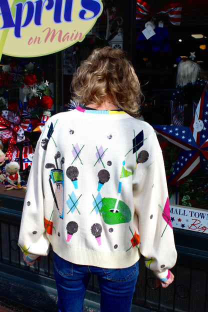 Queen of Sparkles Multi Argyle Golf Icon Rainbow Trim Button Up Cardigan