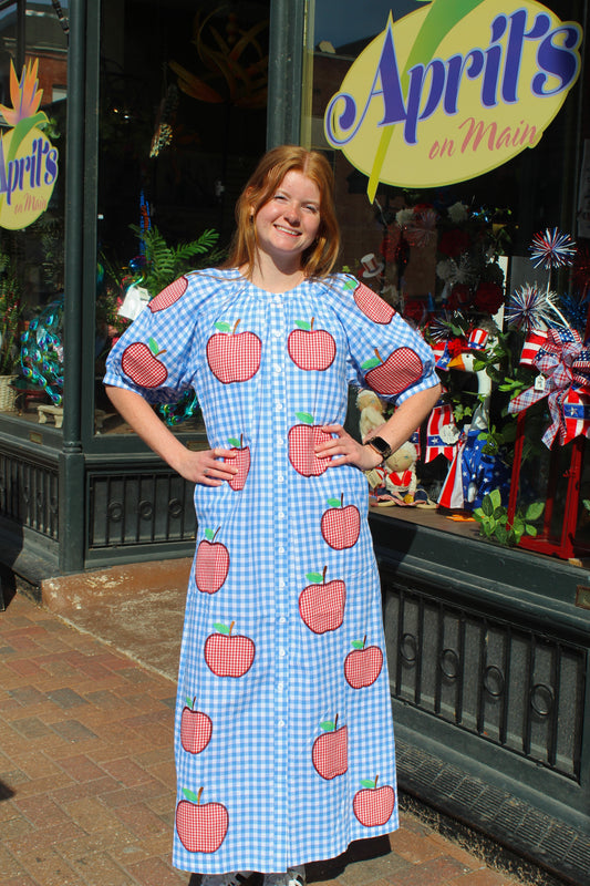 Queen of Sparkles Blue & White Gingham Apple Button Up Midi Dress