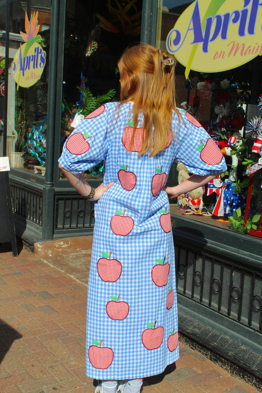 Queen of Sparkles Blue & White Gingham Apple Button Up Midi Dress