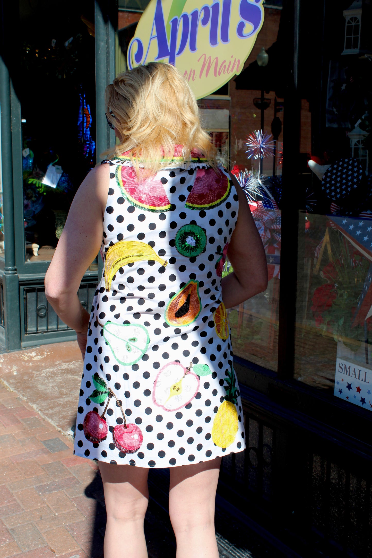 Queen of Sparkles White & Black Polka Dot Multi Fruit Collar Tank Dress